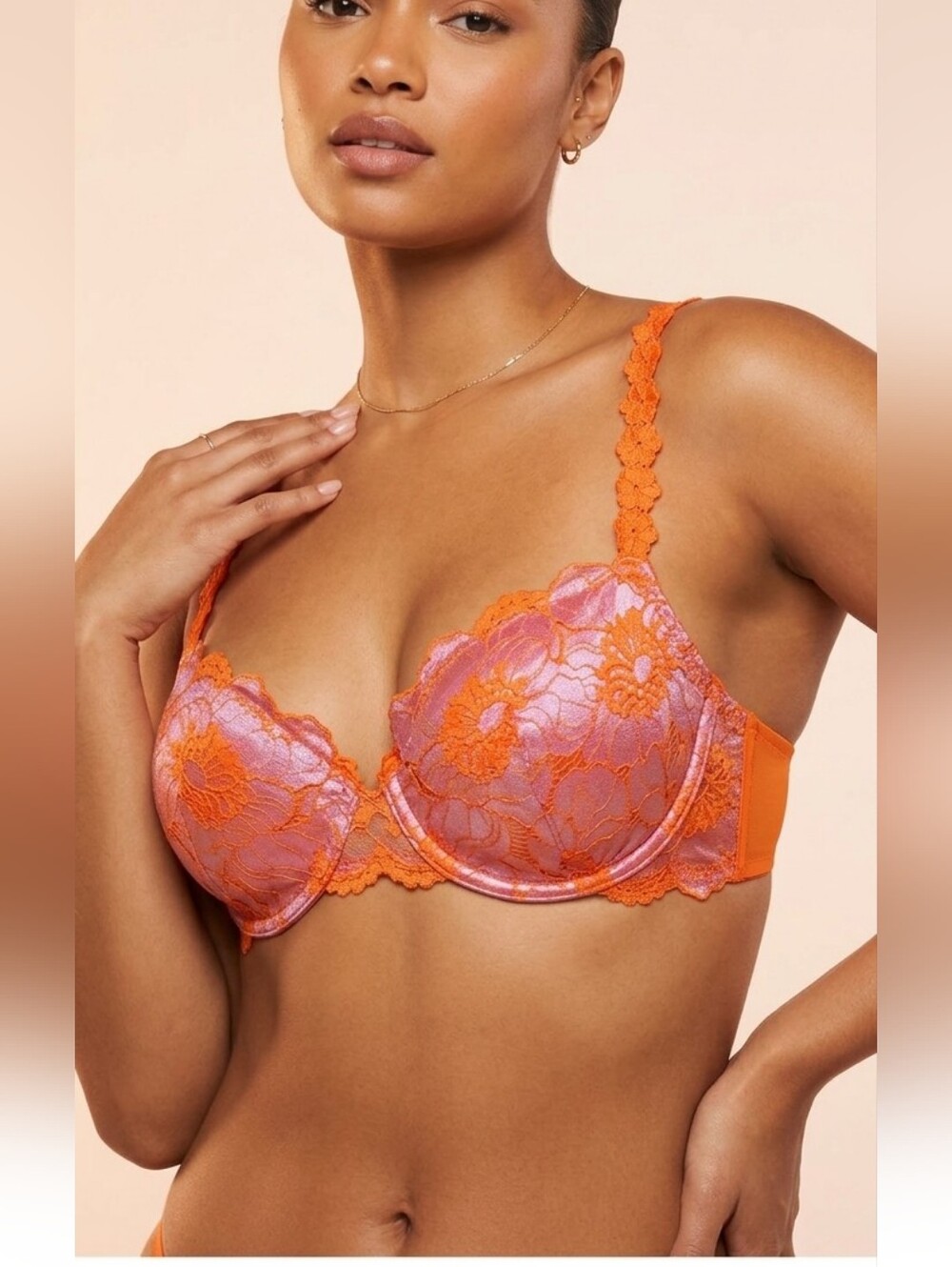 Savage X Fenty Floral Lace Balconette Bra in Orange and Pink